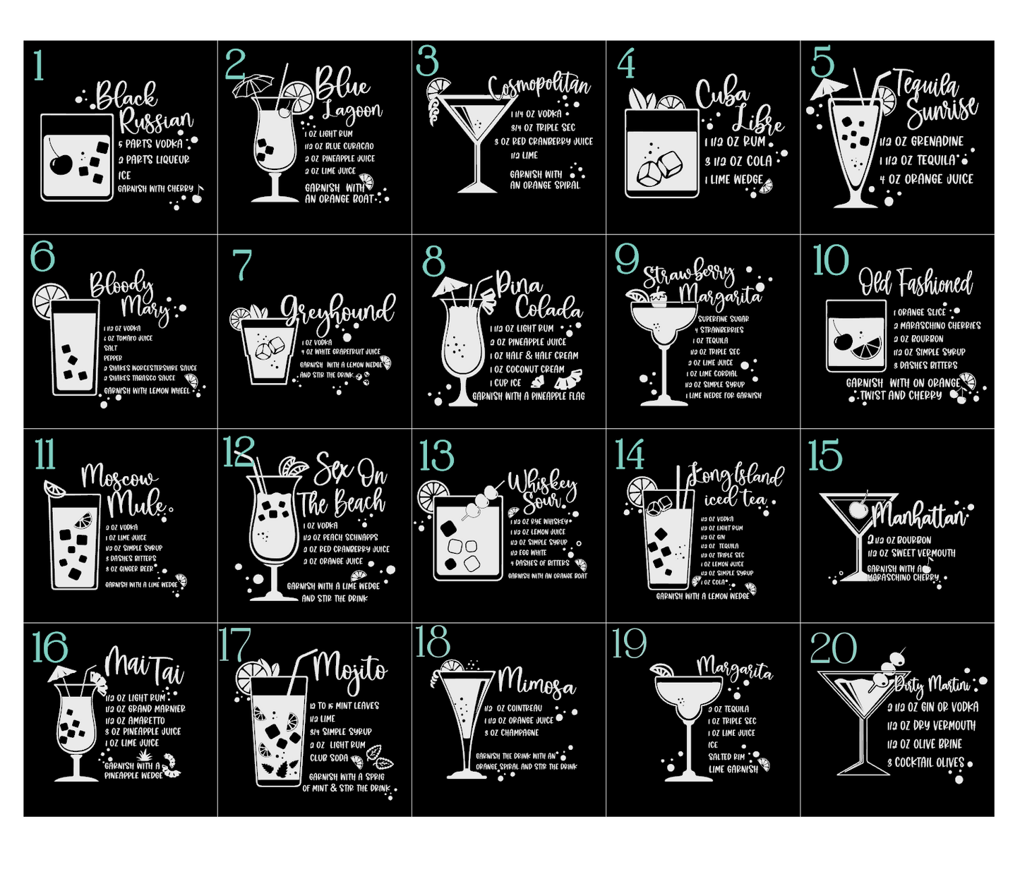 4x4 Slate Coaster- Drink Recipes- Set of 4